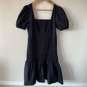 Zara Mini Dress, Black, Smocked Bodice, Balloon Sleeves, Ruffle Hem, Large